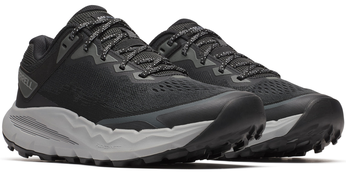 Pair of low profile, black trail running shoes with gray soles and patterned laces.