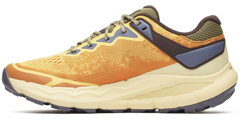 A running shoe in yellow and brown with a thick sole.