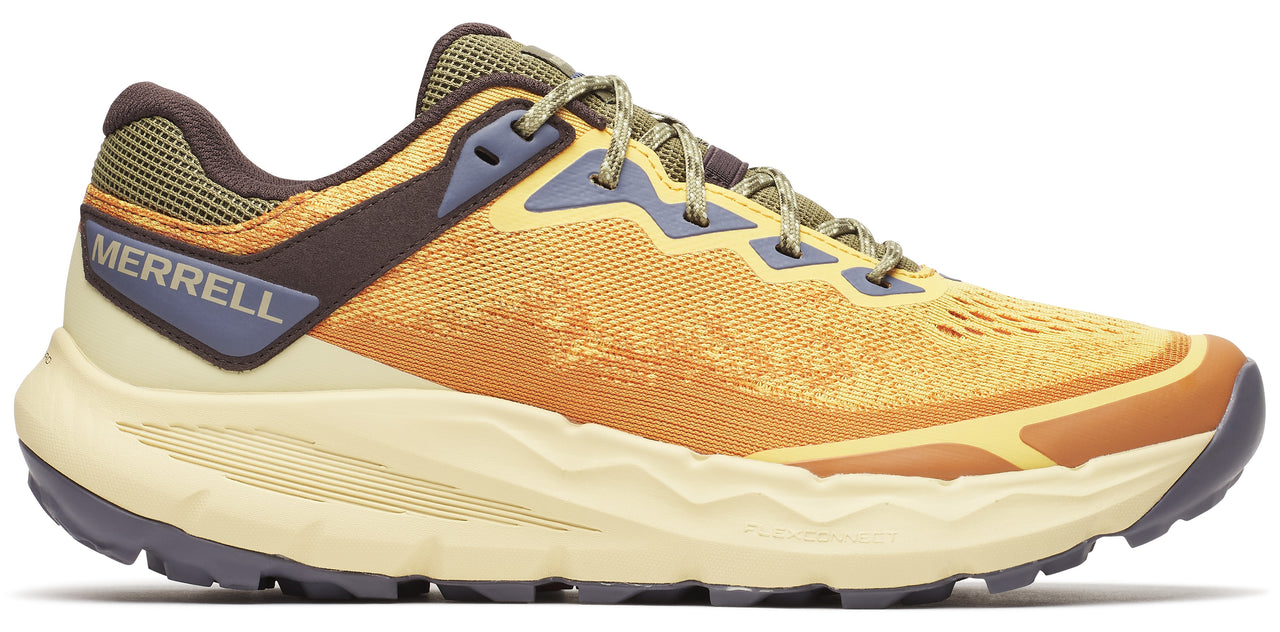 A side view of a trail running shoe showing its textured sole, mesh upper, and lace-up closure with MERRELL branding on the heel.