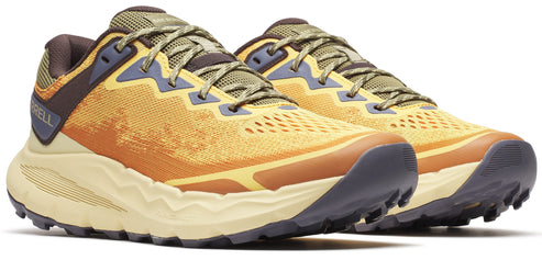 Pair of tan trail running shoes with dark gray accents and brown details.