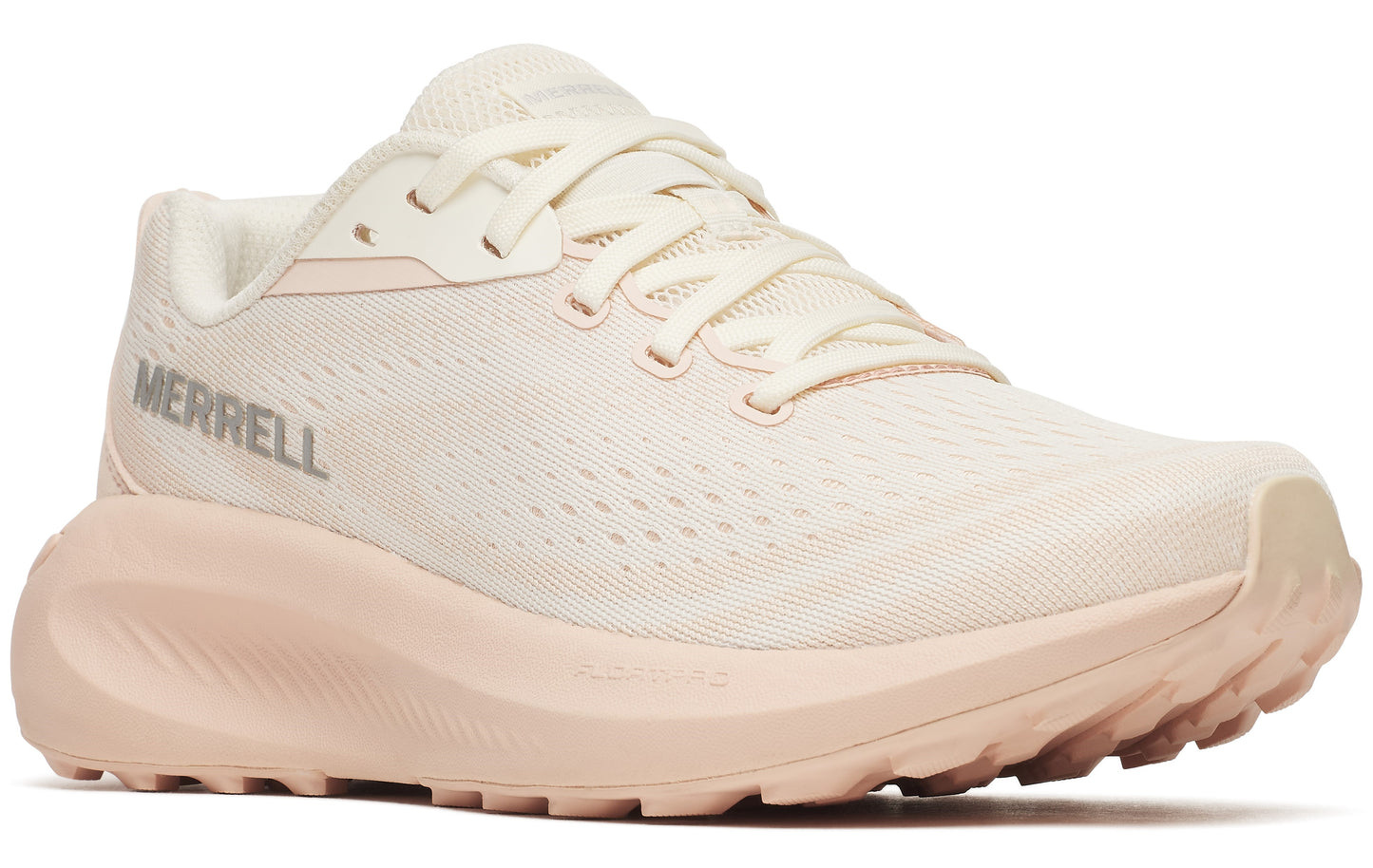 Cream-colored running shoe with the word MERRELL on the side.