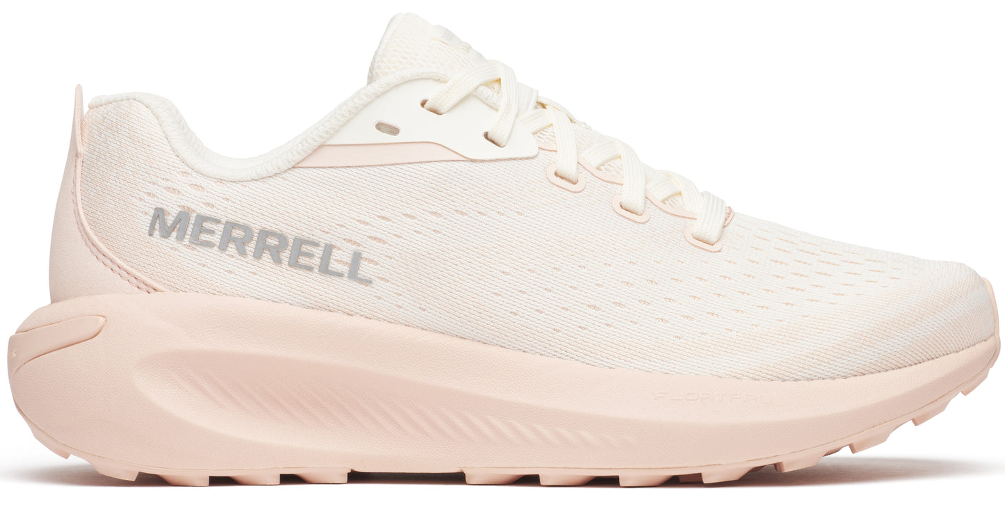 Side view of a cream-colored athletic shoe with laces and the word MERRELL in silver text.