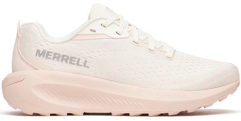 Side view of a cream-colored athletic shoe with laces and the word MERRELL in silver text.