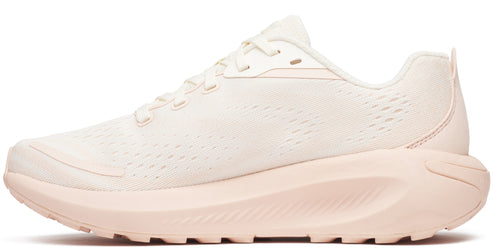 Side view of a running shoe with a thick, curved sole. The shoe is entirely cream-colored, including the laces and upper material. The sole has a textured grip.