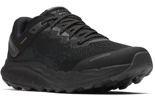 Black athletic shoe with thick, lugged sole, mesh upper and visible "WATERPROOF" label.