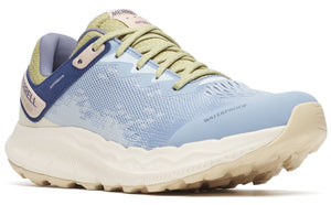 A light blue waterproof trail shoe with light tan laces and a thick white sole.