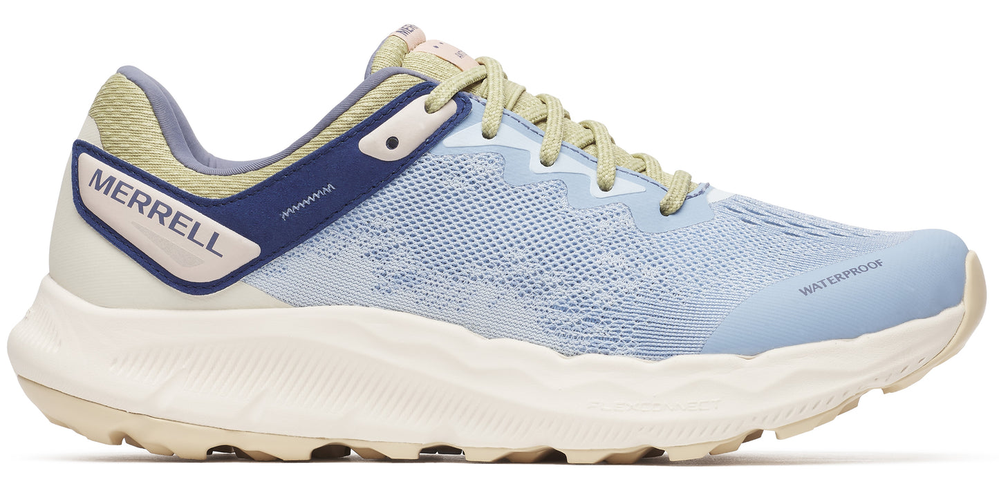 A light blue shoe with a white sole and "MERRELL" printed on the side.