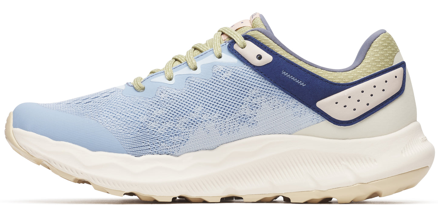 A running shoe with a light blue mesh upper, beige laces, and a chunky white sole.