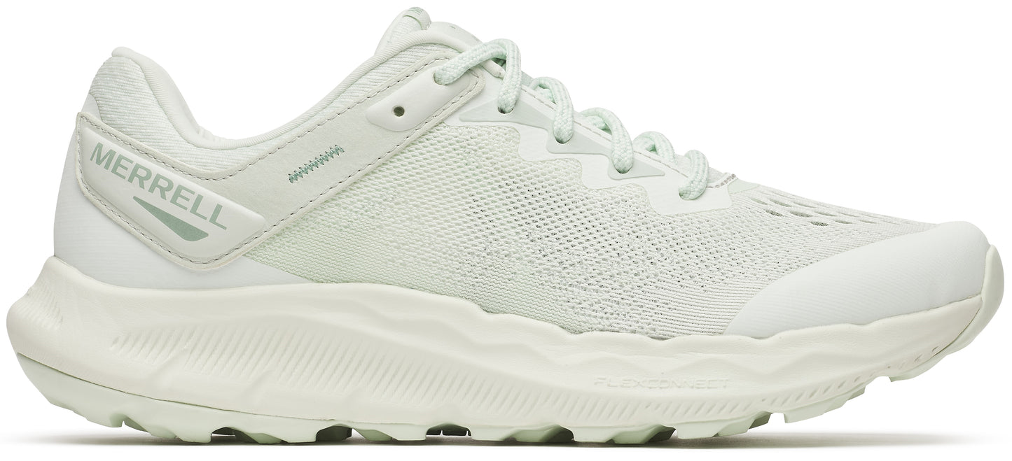 A light-colored running shoe with a thick, wavy sole and mesh upper.