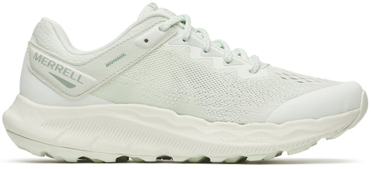 A light-colored running shoe with a thick, wavy sole and mesh upper.