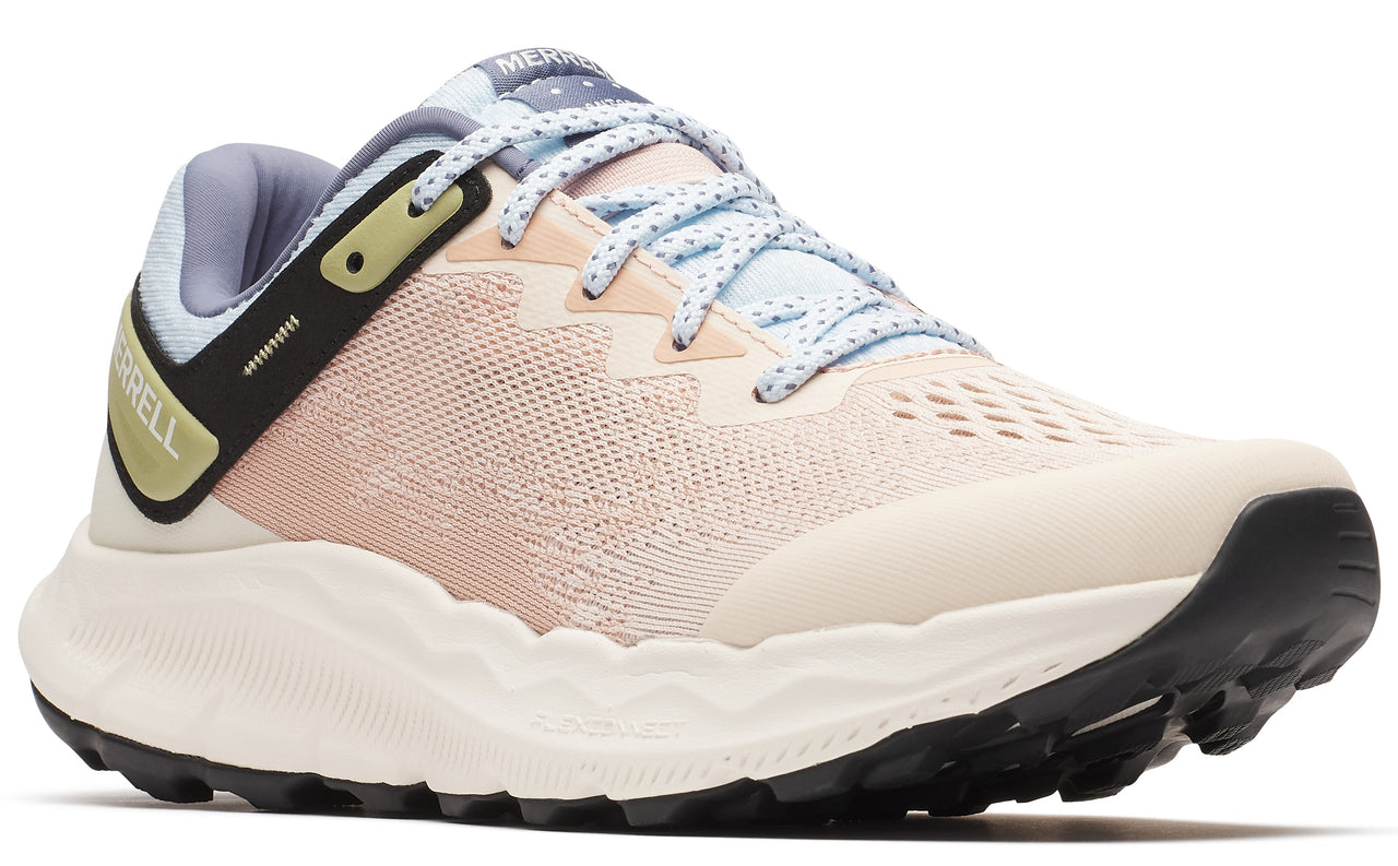 Low-rise running shoe featuring peach mesh upper, ivory accents, light blue laces, black heel accent, and thick ridged sole.