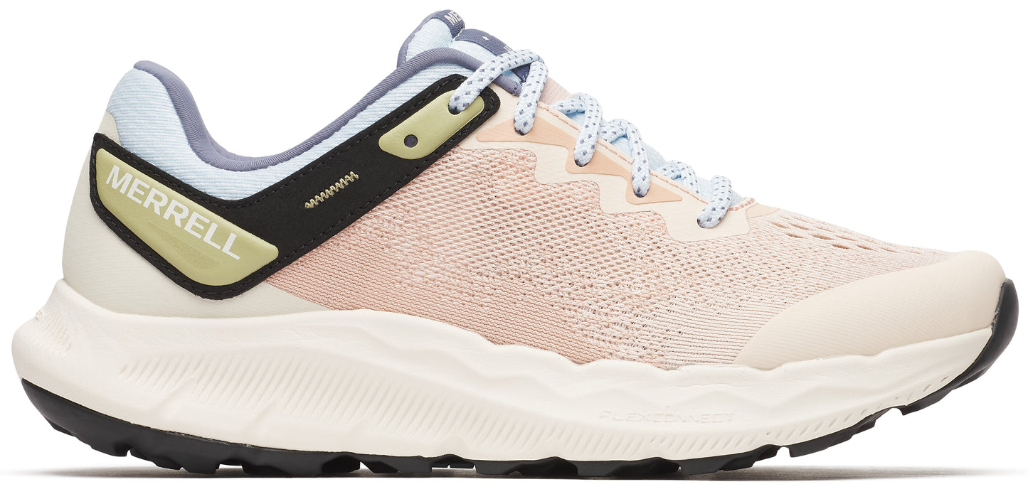 A light pink and beige shoe with light blue laces, a thick white sole, and the word MERRELL in beige on the heel.