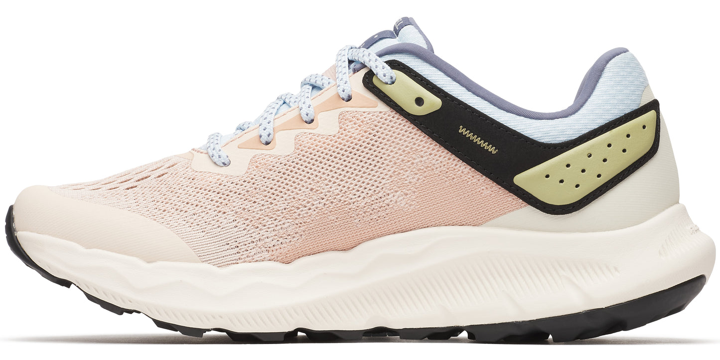 A running shoe with a pink and white upper and a thick white sole.