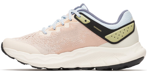 A running shoe with a pink and white upper and a thick white sole.