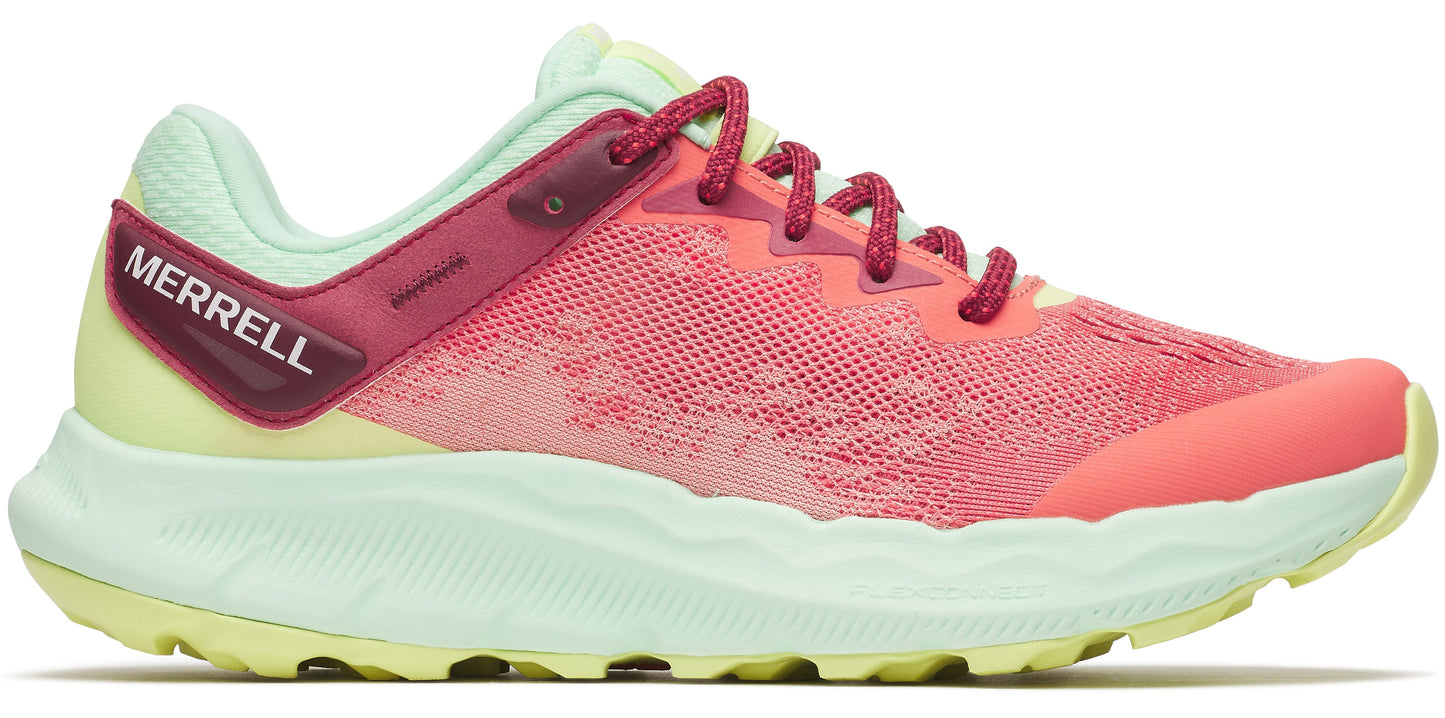 A pink and green trail running shoe with pink laces.