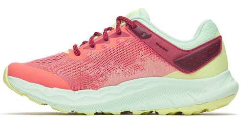 Running shoe with pink mesh upper and light green wavy sole.