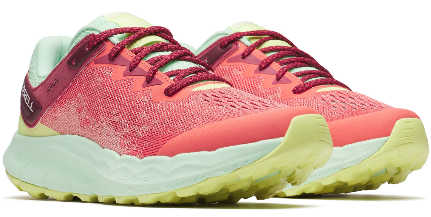 Pair of running shoes with a red and orange upper, red laces, light green midsole and outsole.