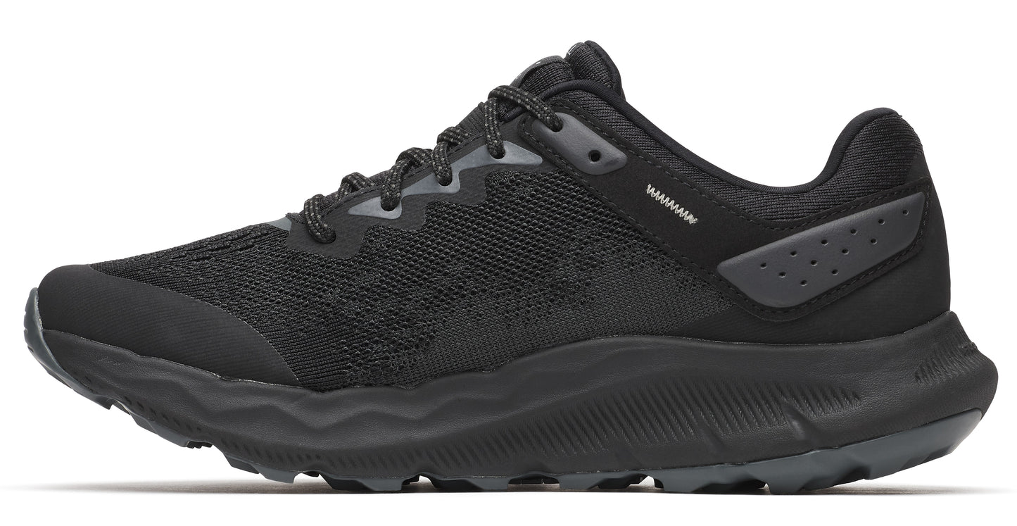 Black running shoe, showing mesh upper, padded heel, and textured sole.