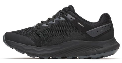 Black running shoe, showing mesh upper, padded heel, and textured sole.