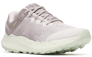 A women's running shoe, featuring a gray and white color scheme, with a mesh upper, visible laces, and a chunky sole.