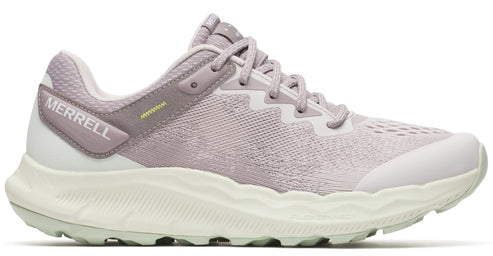 Side view of a light purple running shoe with MERRELL on the heel.