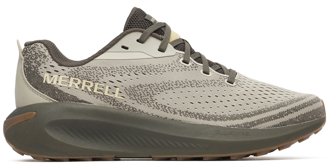 Running shoe with a breathable mesh upper, decorative stripes, visible "MERRELL" branding, and olive green sole.