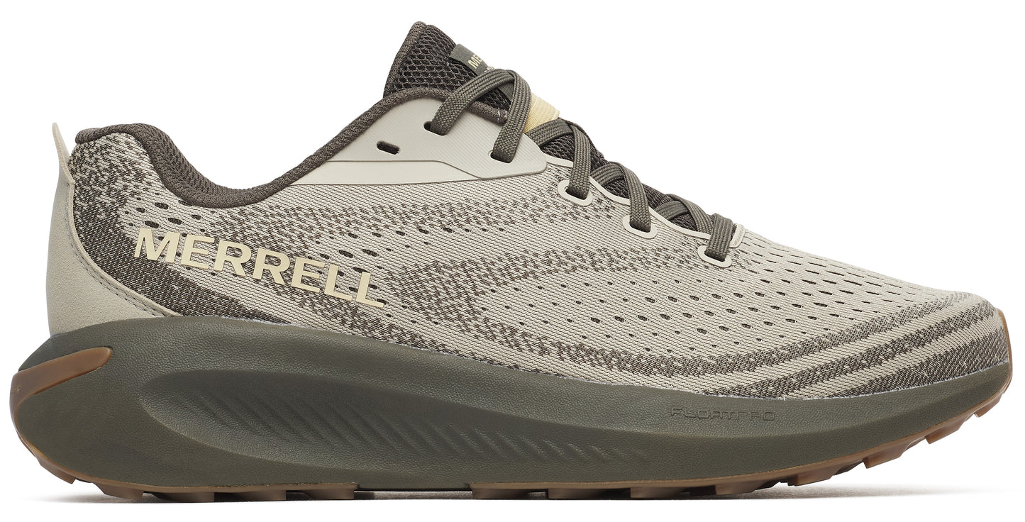 Running shoe with a breathable mesh upper, decorative stripes, visible "MERRELL" branding, and olive green sole.