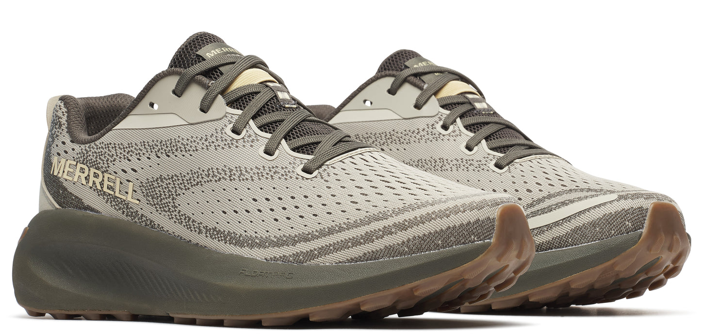 Low profile athletic shoes in shades of gray, with dark sole and brown tread.