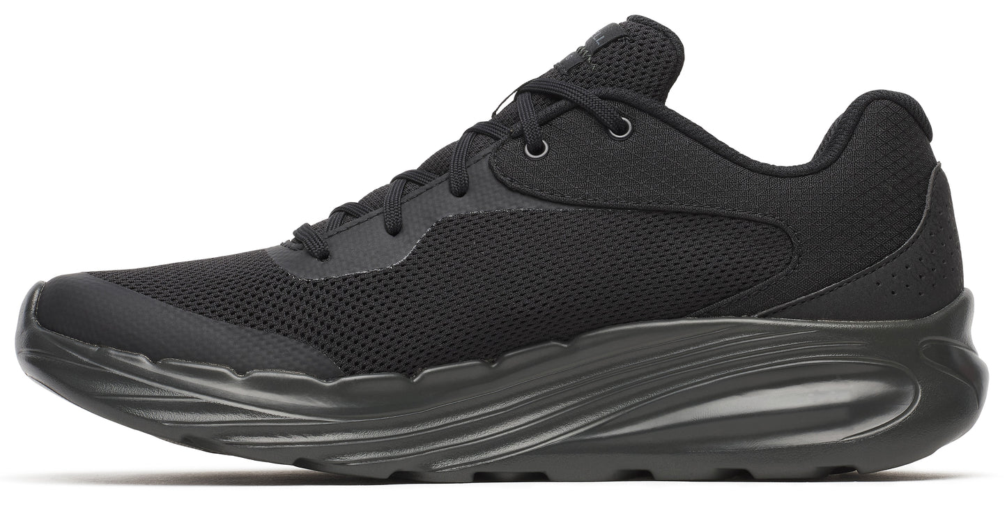 Black running shoe featuring a breathable mesh upper, cushioned midsole, and a low-profile design.