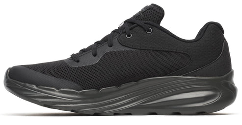 Black running shoe featuring a breathable mesh upper, cushioned midsole, and a low-profile design.