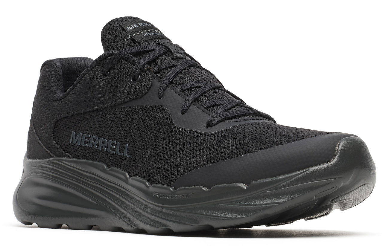 A black athletic shoe with black laces and the word "MERRELL" on its side.