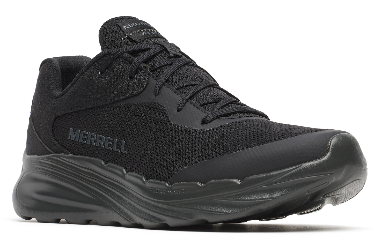A black athletic shoe with black laces and the word "MERRELL" on its side.