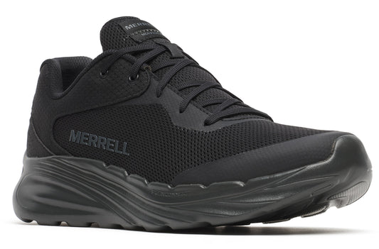 A black athletic shoe with black laces and the word "MERRELL" on its side.