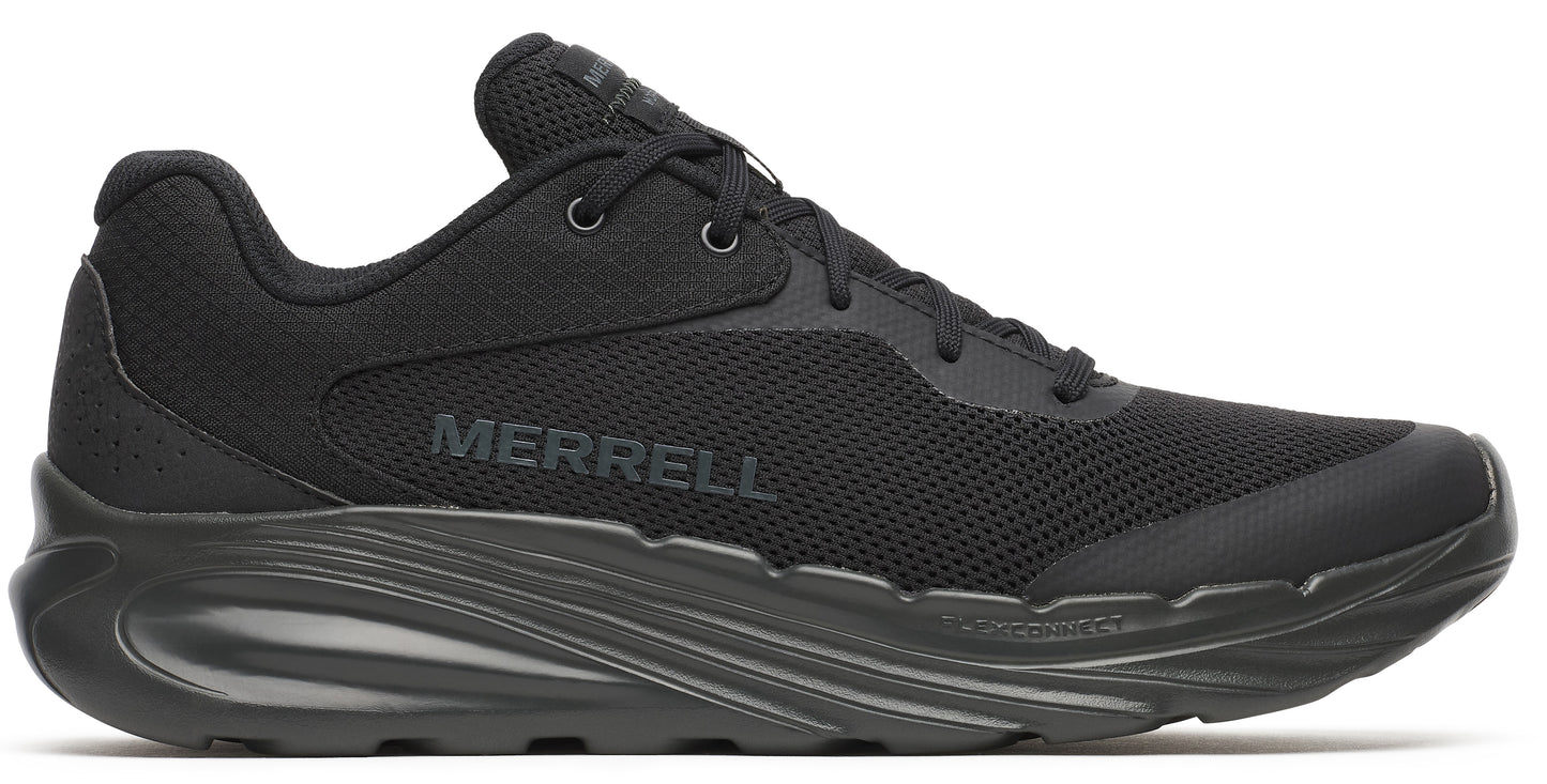 Black athletic shoe with "MERRELL" on the side and black laces.