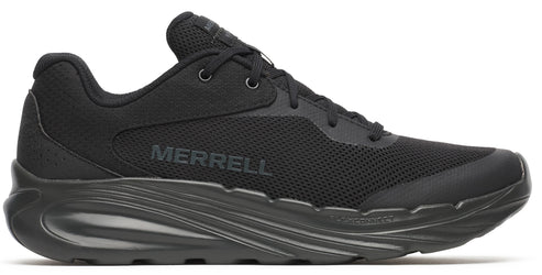 Black athletic shoe with "MERRELL" on the side and black laces.