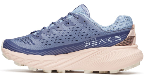 Blue athletic shoe with laces and a light pink sole, with 'AGILITY PEAKS 5' text visible.