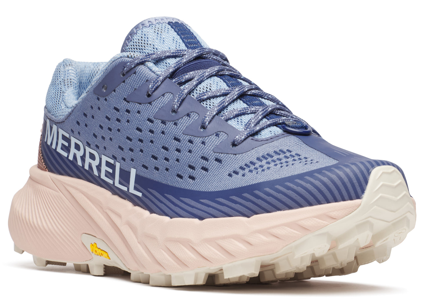 A low-rise running shoe that is blue with a wavy striped texture on the toe and front, laces, light blue upper, pink ridged sole, with the word MERRELL printed in black on the side.