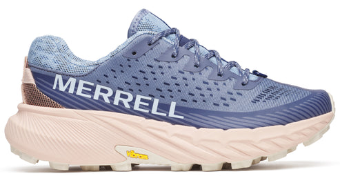 Side view of a blue running shoe with the text MERRELL.