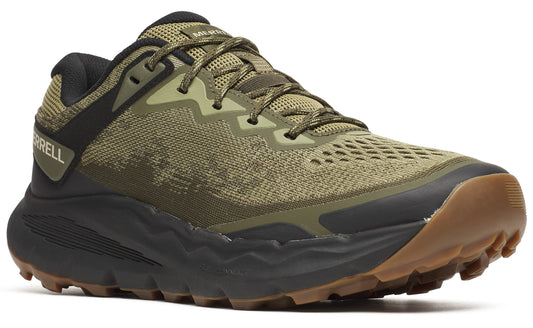 Olive-green trail-running shoe with a brown sole, black accents and laces.