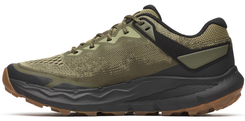 Trail running shoe in olive green with a black sole.