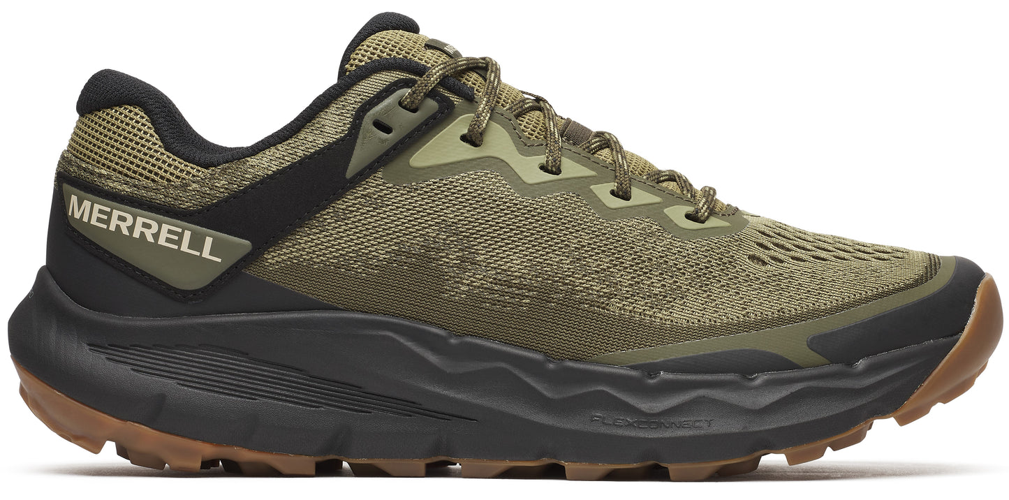 Olive green trail running shoe with black accents and the word MERRELL on the side.