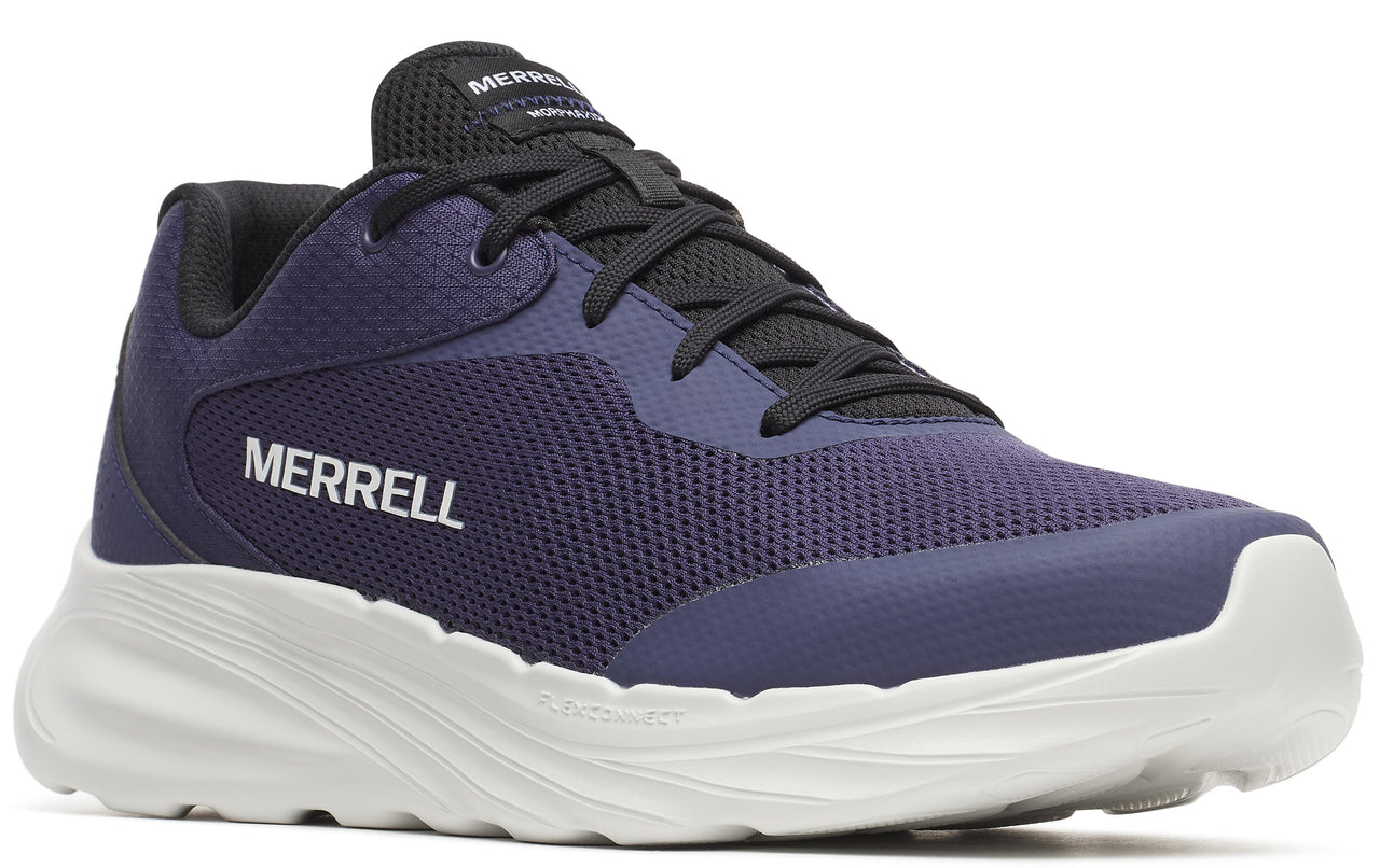 A navy running shoe with black laces and a white sole, with "MERRELL" printed on the side.