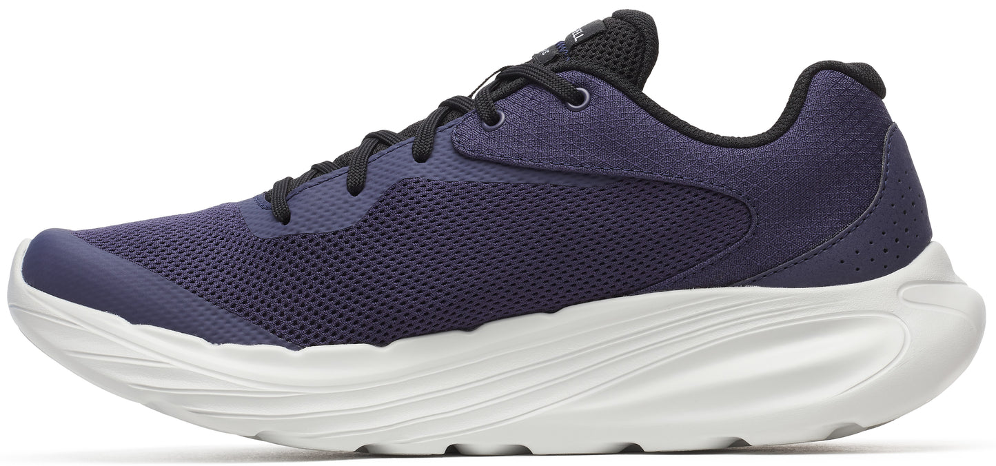 A running shoe with a navy upper and a thick white sole.