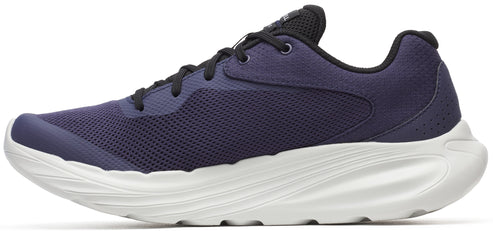 A running shoe with a navy upper and a thick white sole.