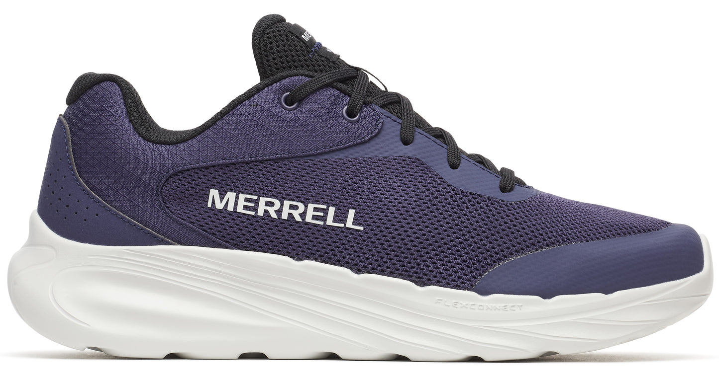 Low top athletic shoe in navy and black with a white sole, the word MERRELL is written in white on the side.