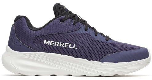Low top athletic shoe in navy and black with a white sole, the word MERRELL is written in white on the side.