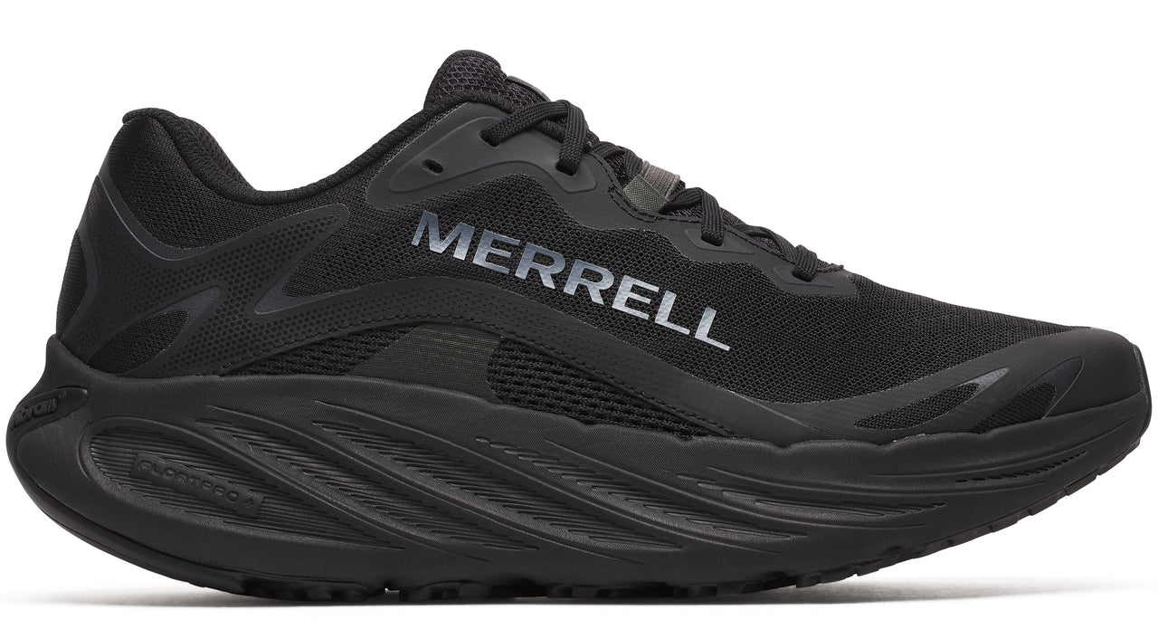 A black athletic shoe with 'MERRELL' printed on the side.