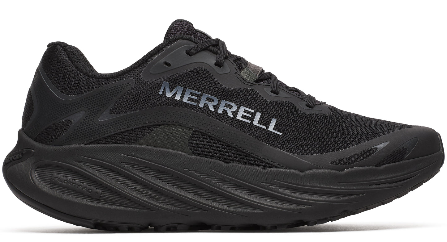 A black athletic shoe with 'MERRELL' printed on the side.