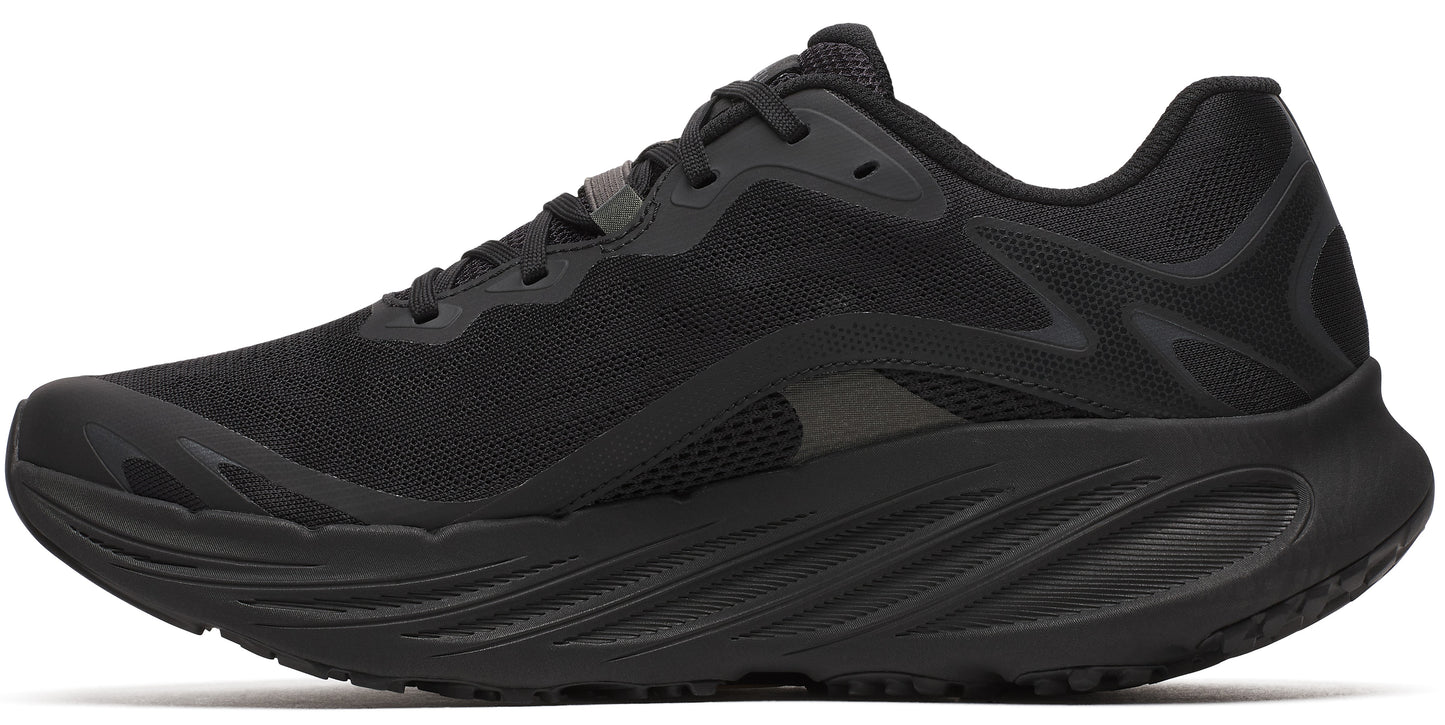 A black running shoe with mesh upper and thick, wavy sole.