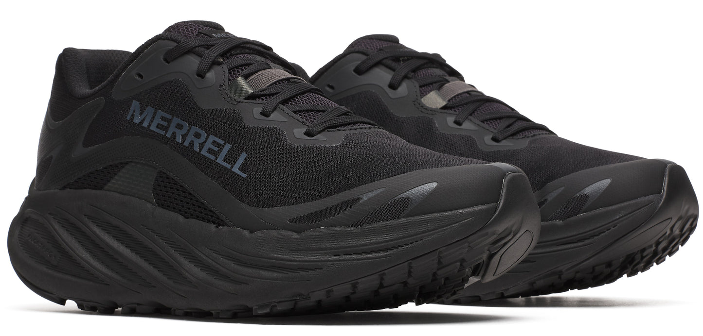 A pair of all black running shoes, with the word 'MERRELL' on the side.
